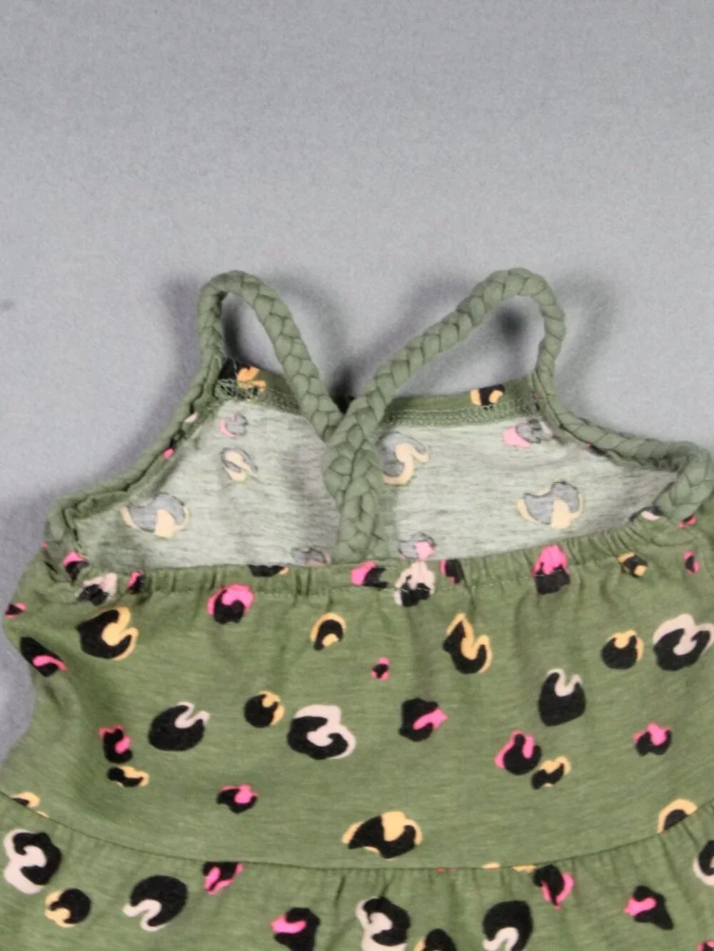 Okie Dokie 18M Olive Sage Green Leopard Braided Strap Tiered Dress GUC